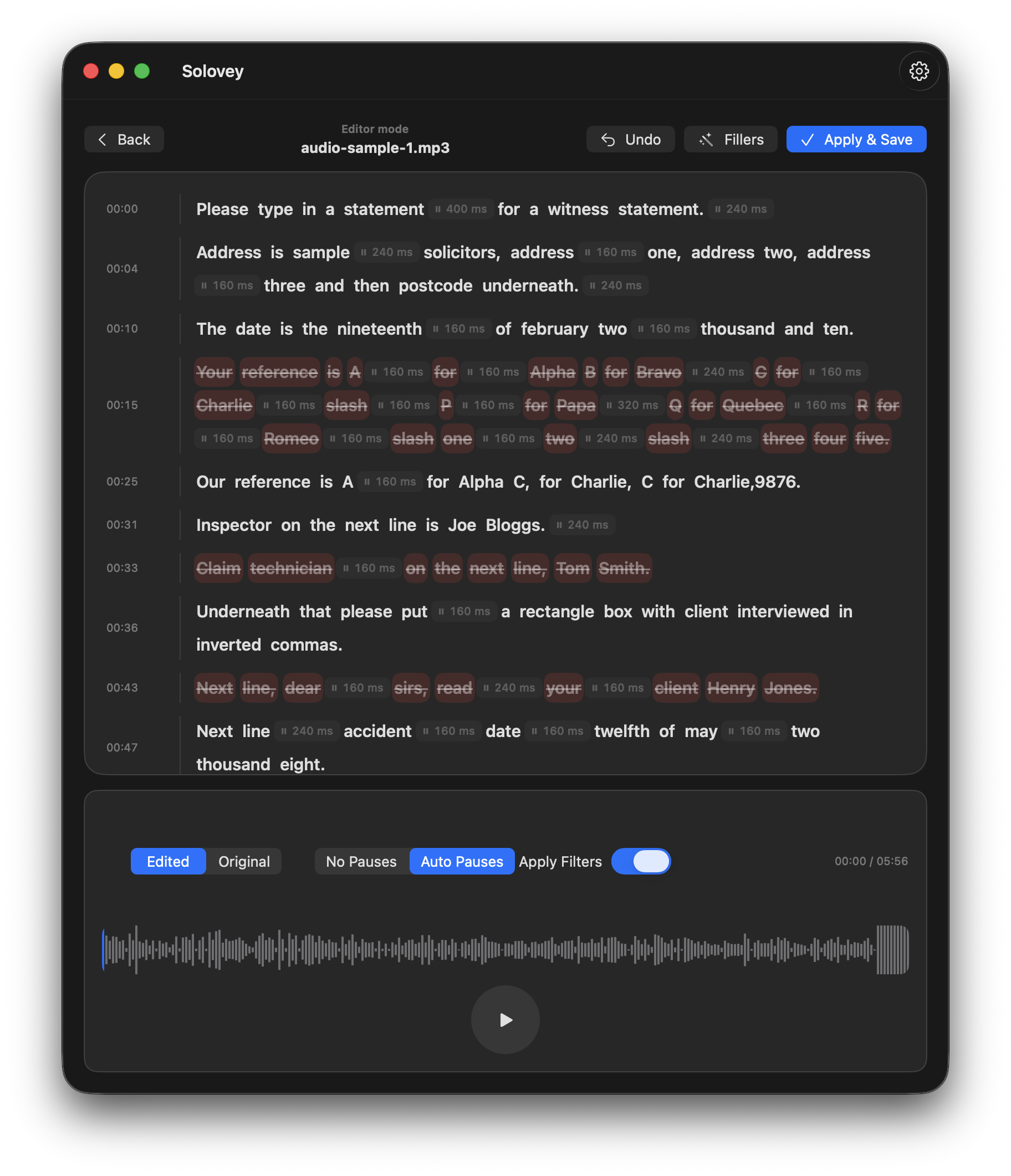 Solovey editor mode showing transcript cleanup, pause controls, filler removal, and waveform playback.